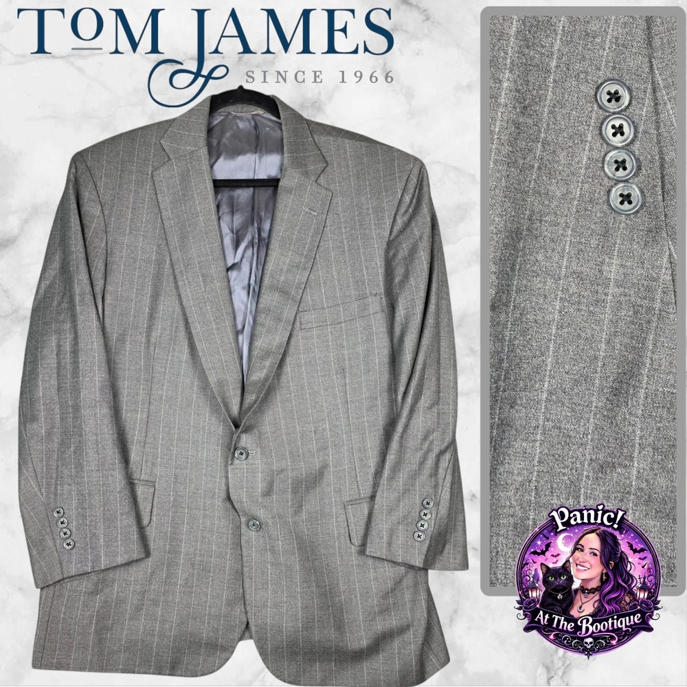 Tom James Executive Blazer Mens 44R‎ Grey Wool Pinstripe Union Made USA Classic